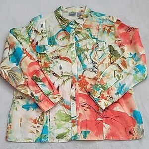 Chicos Linen Tropical Print Shirt Size 3 XL Button Down Resortwear Vacation